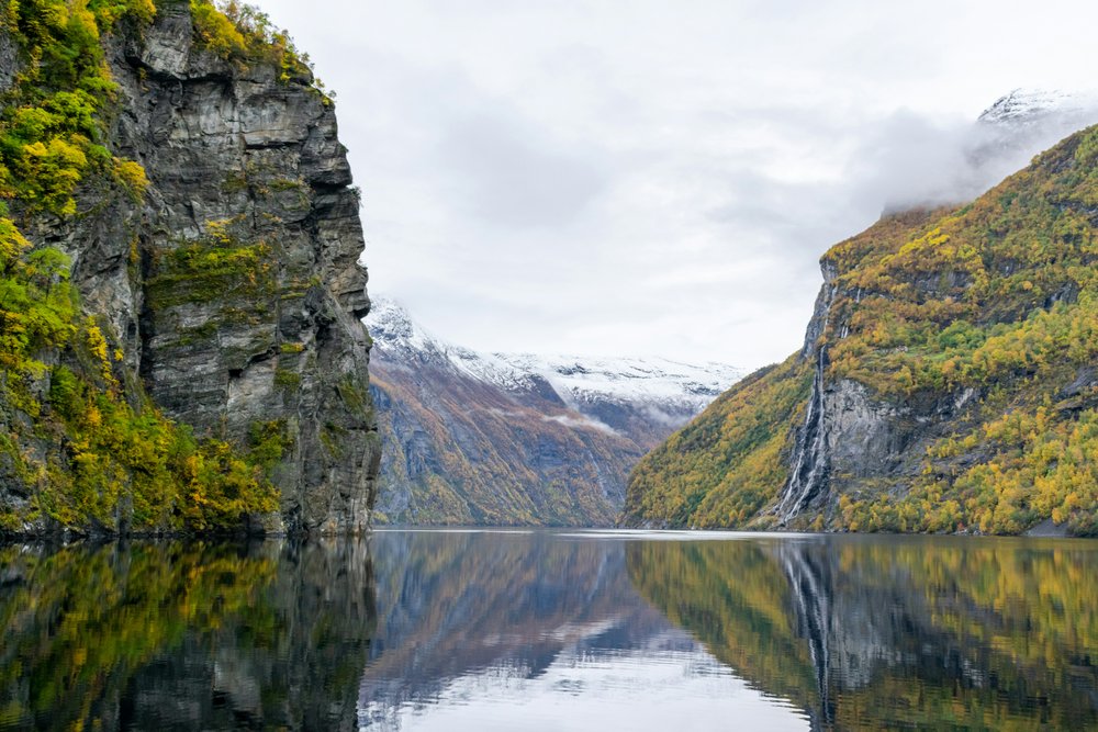 Geirangerfjord waterfalls and steep valley walls