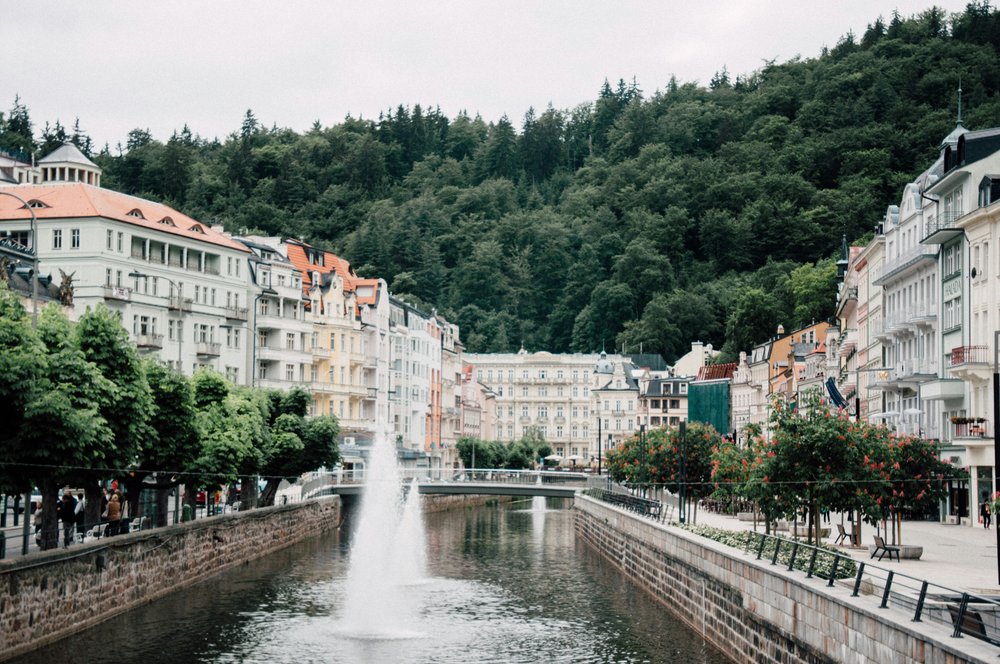 Karlovy Vary spa town colonnades along the Teplá river