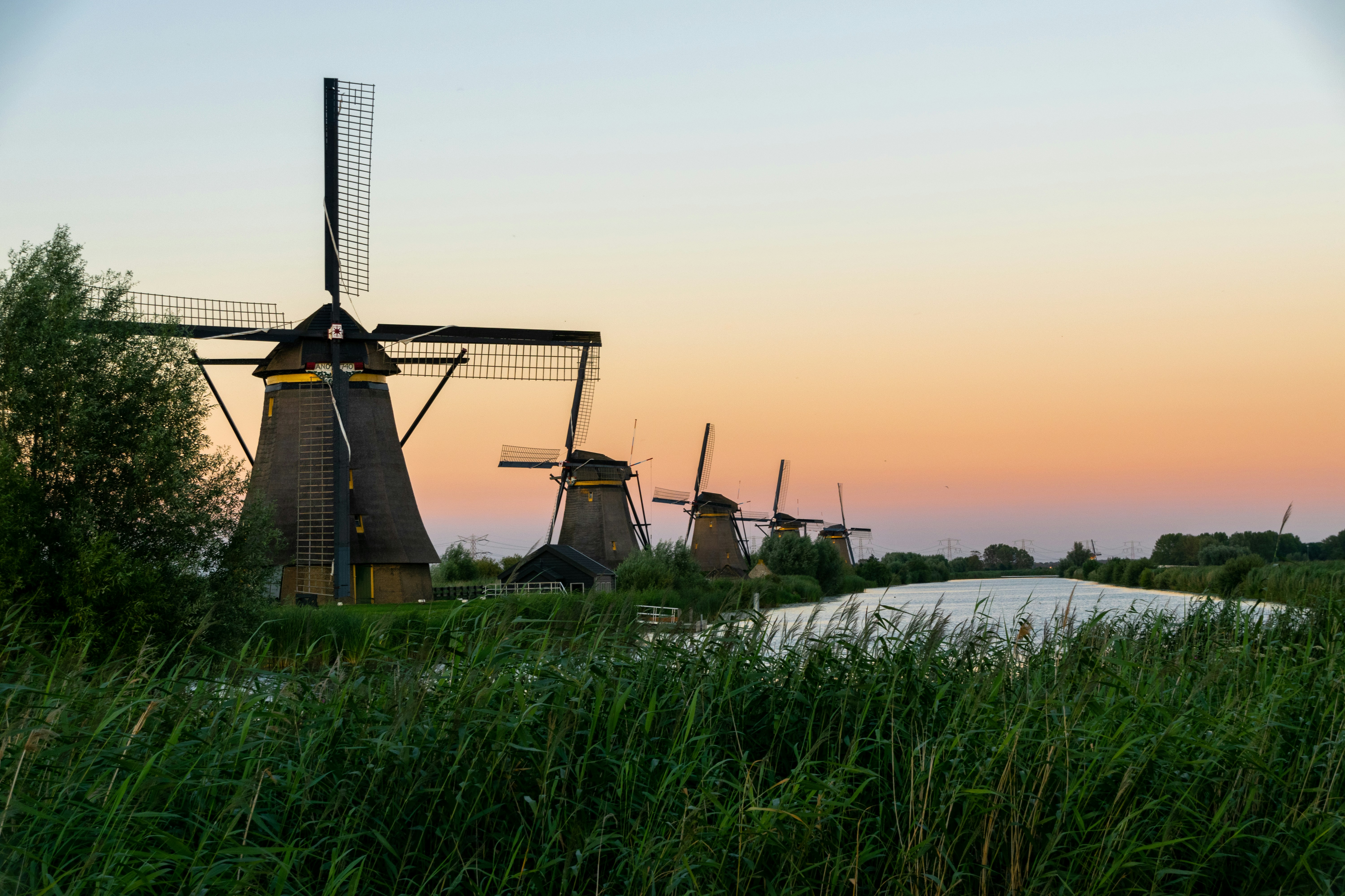 Kinderdijk windmills at golden hour